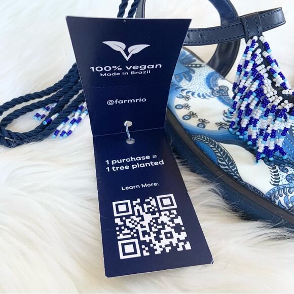 Farm Rio Blue Beaded Flat Lace Up Sandals White Vacation Size 6 NEW WITHOUT BOX - Picture 14 of 16